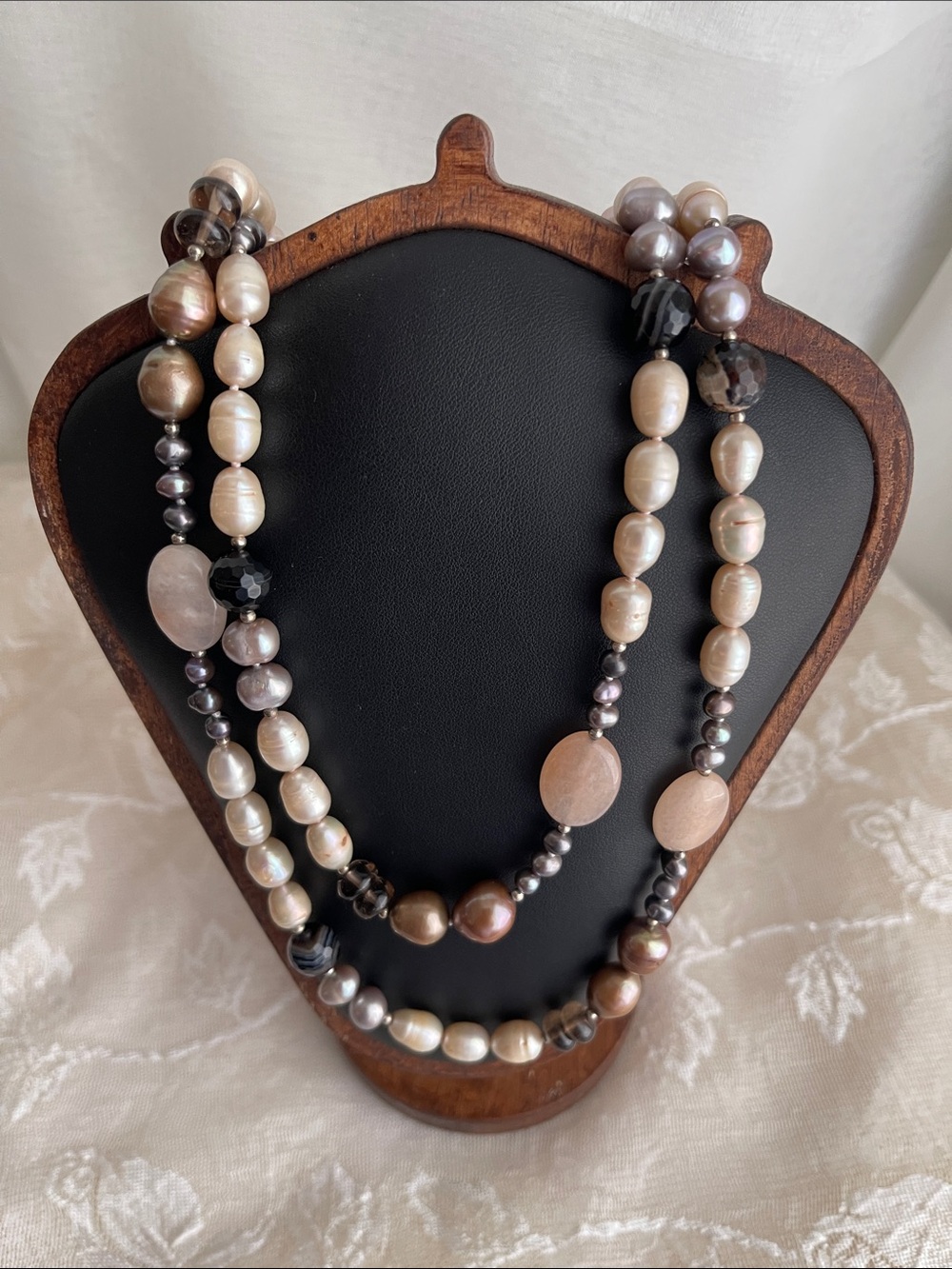 Long 44” Mixed Pearl & Bead Necklace in Cream, Taupe and Black